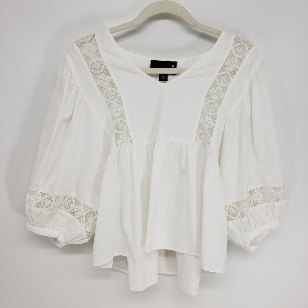 Broadway Lace Inset Peplum Blouse Women Large White Cotton Linen Boho Airy